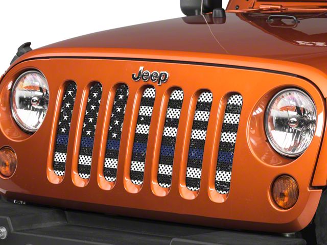 Under The Sun Inserts Grille Insert; Distressed Black and White Thin Blue Line (07-18 Jeep Wrangler JK)