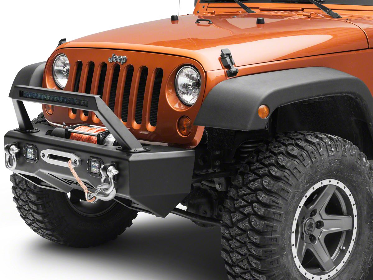 Rough Country Jeep Wrangler Black Series LED Stubby Winch Front Bumper with Light  Bar Hoop 11826 (07-18 Jeep Wrangler JK)