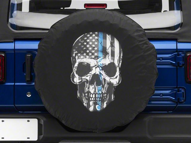 Police Thin Blue Line Skull Spare Tire Cover (66-18 Jeep CJ5, CJ7, Wrangler YJ, TJ & JK)