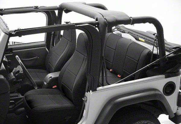Coverking Jeep Wrangler Neoprene Front Seat Covers w/ Jeep Logo - Red  J128144 (91-95 Jeep Wrangler YJ w/ Non-Reclining Seats)