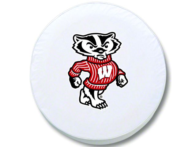 University of Wisconsin Bucky Spare Tire Cover with Camera Port; White (18-24 Jeep Wrangler JL)