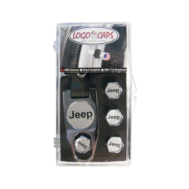 Valve Stem Caps with Jeep Logo; Black and Silver (Universal; Some Adaptation May Be Required)