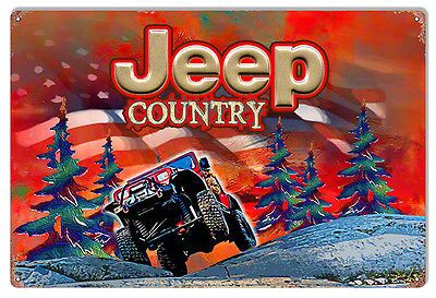 Jeep Wrangler Red Jeep Wrangler YJ Country Winter Scene Metal Sign