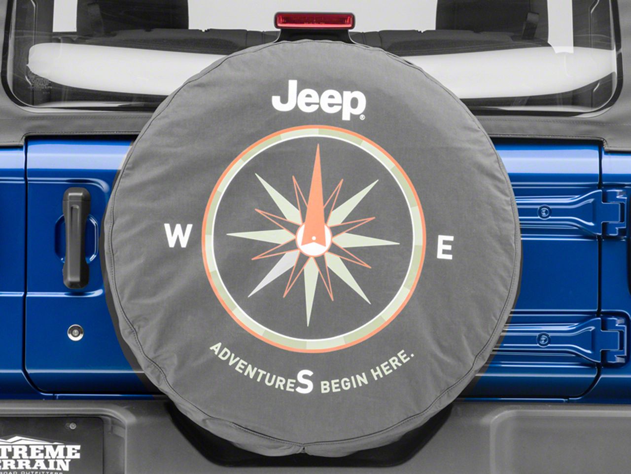 Mopar Jeep Wrangler Adventures Begin Here Spare Tire Cover; Denim J129628  (66-18 Jeep CJ5, CJ7, Wrangler YJ, TJ  JK) Free Shipping