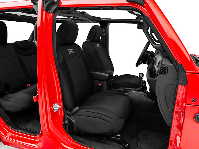 Rough Country Neoprene Front and Rear Seat Covers; Black (18-23 Jeep Wrangler JL 4-Door w/o Fold Down Armrest)