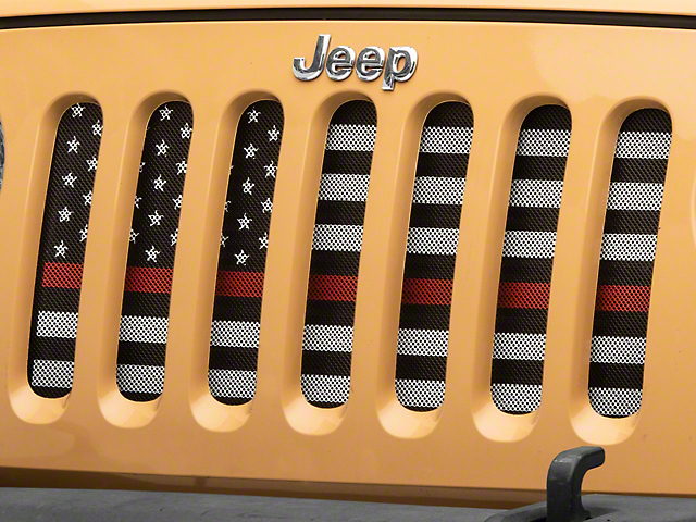 RedRock American Flag Mesh Grille Insert; Black and White with Red Stripe (07-18 Jeep Wrangler JK)