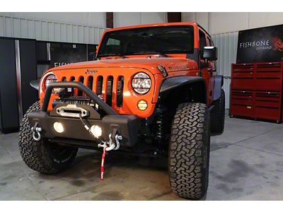 Fishbone Offroad Stubby Winch Front Bumper with Tube Guard; Textured Black (07-18 Jeep Wrangler JK)