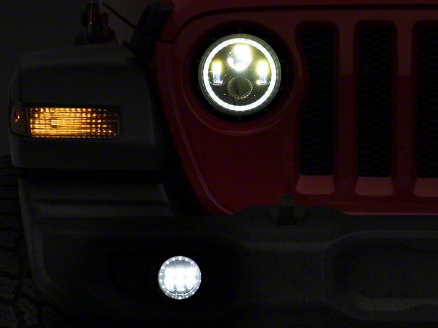 Quake LED Tempest 9-Inch HD Headlights and 4-Inch Fog Lights with White DRL Halo and Amber Turn Signal; Black Housing; Clear Lens (20-24 Jeep Gladiator JT)
