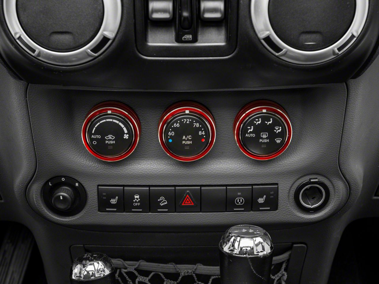 Wrangler JK Climate Control Knob Trim Rings Compatible with 2011-2018 Jeep Wrangler JK Models Red Custom Interior Styling Billet Aluminum Anodized Finish HVAC Control Knob Trim Ring Bezels Set 