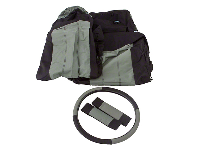 Polycanvas Front Seat Covers with Steering Wheel Cover; Black/Gray (87-02 Jeep Wrangler YJ & TJ)