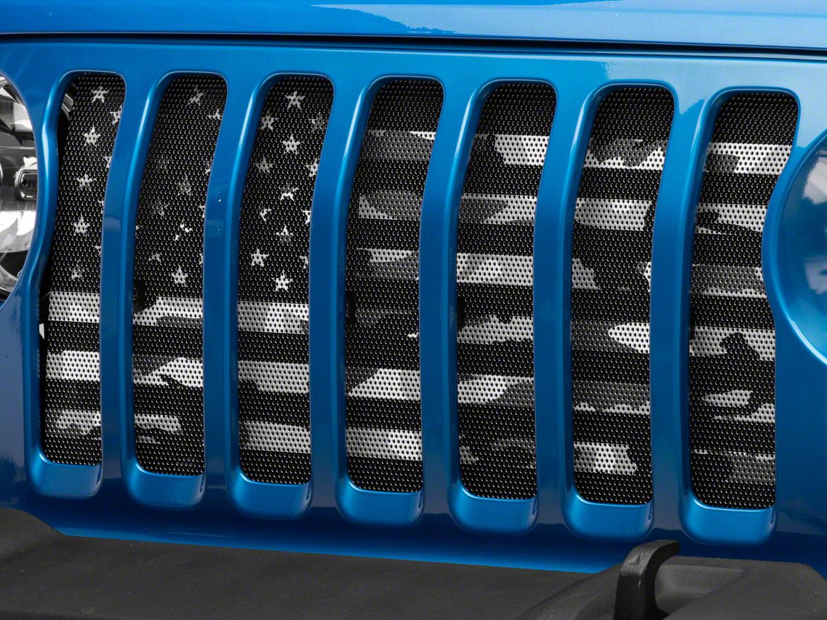 Jeep Wrangler Grille Insert; Tactical American Flag Black and White Camo  (18-23 Jeep Wrangler JL w/o TrailCam) - Free Shipping