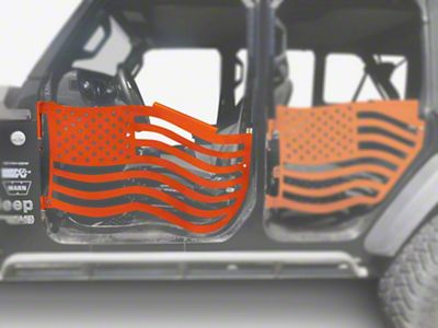 Steinjager Premium American Flag Front Trail Doors; Fluorescent Orange (18-24 Jeep Wrangler JL)