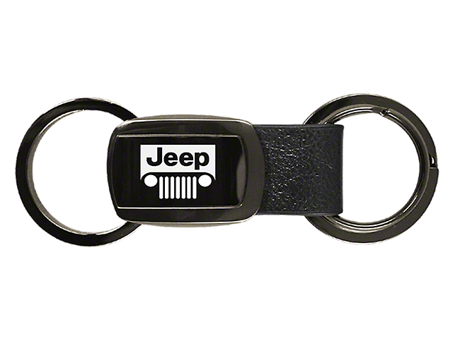 Jeep Grill Leather Tri-Ring Key Fob; Gunmetal