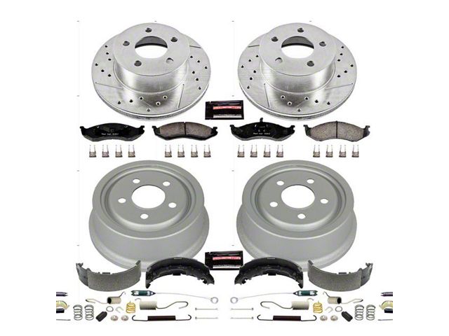 PowerStop Z23 Evolution Brake Rotor, Pad and Drum Kit; Front and Rear (92-98 Jeep Cherokee XJ w/ 9-Inch Rear Drums; 1999 Jeep Cherokee XJ w/ 3-1/4-Inch Composite Rotors & 9-Inch Rear Drums)
