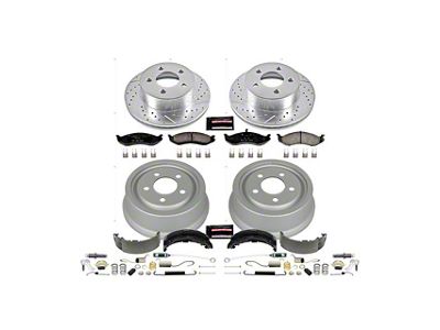 PowerStop Z23 Evolution Brake Rotor, Pad and Drum Kit; Front and Rear (1999 Jeep Cherokee XJ w/ 3-Inch Cast Rotors & 9-Inch Rear Drums; 00-01 Jeep Cherokee XJ w/ 9-Inch Rear Drums)