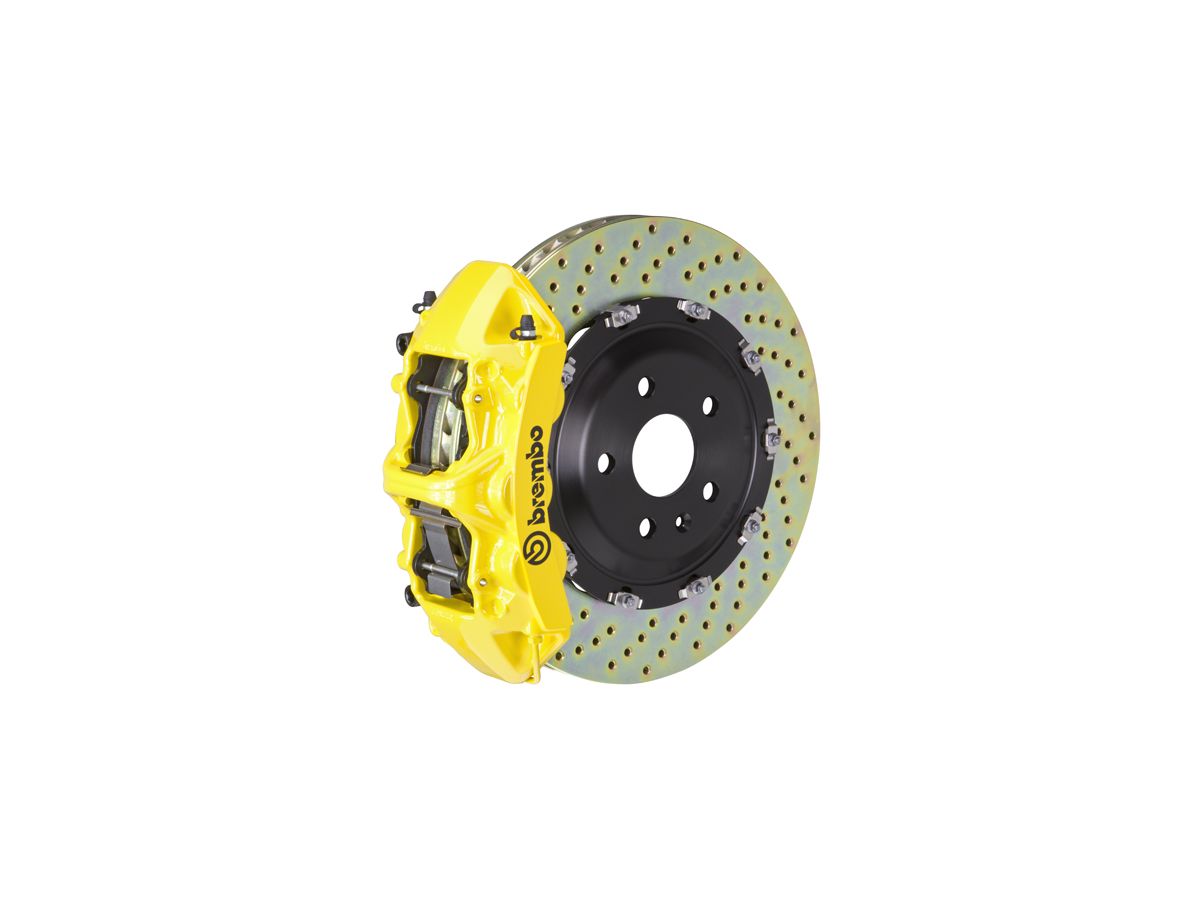 Brembo Jeep Wrangler GT Series 6-Piston Front Big Brake Kit with   2-Piece Cross Drilled Rotors; Yellow Calipers  (07-18 Jeep  Wrangler JK) - Free Shipping
