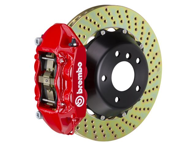 Brembo GT Series 4-Piston Rear Big Brake Kit with 15-Inch 2-Piece Cross Drilled Rotors; Red Calipers (07-18 Jeep Wrangler JK)