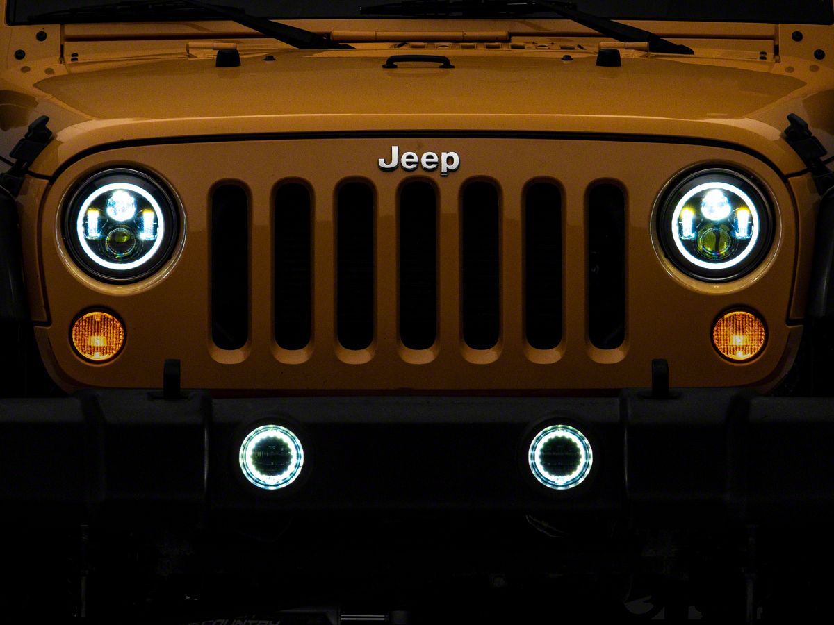 Quake LED Jeep Wrangler Tempest 7-Inch Headlights and 4-Inch Fog Lights  with White DRL Halo and Amber Turn Signal; Black Housing; Clear Lens QTE968  (76-86 Jeep CJ5 & CJ7; 97-18 Jeep Wrangler