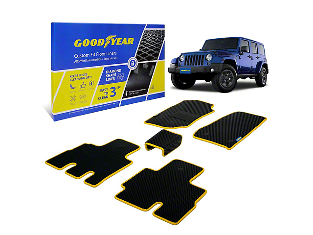 Goodyear Car Accessories Custom Fit Front and Rear Floor Liners; Black/Yellow (14-18 Jeep Wrangler JK 4-Door)