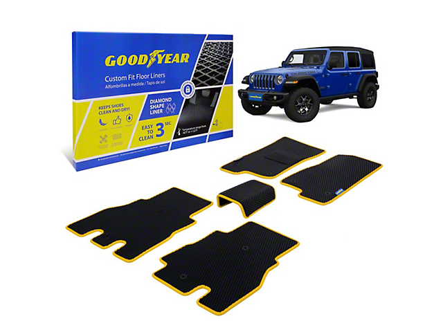 Goodyear Car Accessories Custom Fit Front and Rear Floor Liners; Black/Yellow (18-22 Jeep Wrangler JL 4-Door, Excluding 4xe)