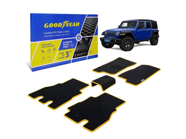 Goodyear Car Accessories Custom Fit Front and Rear Floor Liners; Black/Yellow (18-23 Jeep Wrangler JL 4-Door, Excluding 4xe)