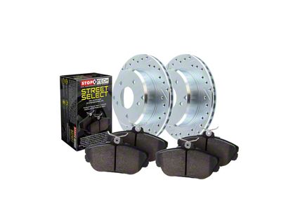 StopTech Sport Axle Drilled and Slotted Brake Rotor and Pad Kit; Front (1999 Jeep Wrangler TJ w/ 3-Inch Cast Rotors; 00-06 Jeep Wrangler TJ)