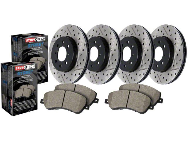 StopTech Street Axle Drilled and Slotted Brake Rotor and Pad Kit; Front and Rear (07-18 Jeep Wrangler JK)