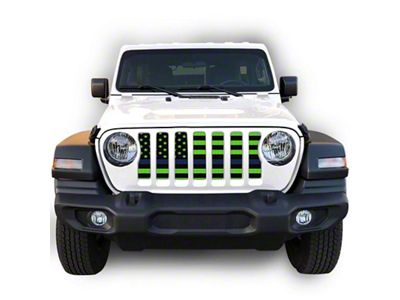 Under The Sun Inserts Grille Insert; Black and Green Thin Blue Line (18-23 Jeep Wrangler JL w/o TrailCam; 2024 Jeep Wrangler JL Sport)