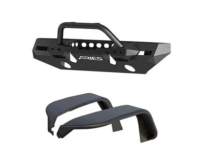 TrailChaser Steel Mid-Width Front Bumper with Center Brush Guard and Fender Flares; Textured Black (18-24 Jeep Wrangler JL)