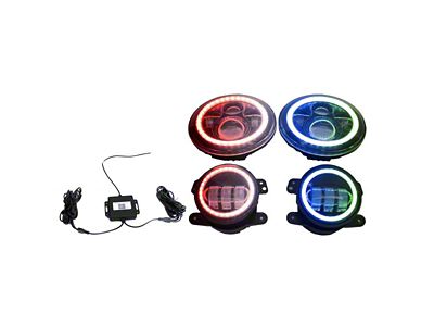 Chasing Version 7-Inch LED Headlights and 4-Inch LED Fog Lights with ColorSMART RGB; Black Housing; Clear Lens (97-18 Jeep Wrangler TJ & JK)
