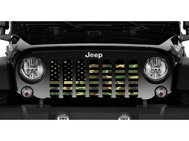 Grille Insert; American Flag Woodland Camo (18-23 Jeep Wrangler JL w/o TrailCam)