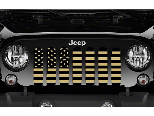 Grille Insert; Black and Gold American Flag (18-23 Jeep Wrangler JL w/o TrailCam)