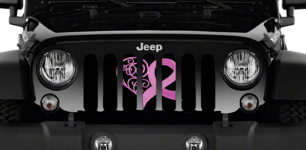 Jeep Wrangler Grille Insert; Center Pink Hearts Breast Cancer Ribbon