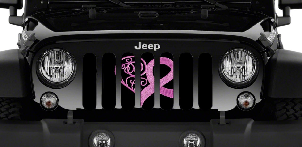 Jeep Wrangler Grille Insert; Center Pink Hearts Breast Cancer Ribbon (18-23  Jeep Wrangler JL w/o TrailCam) - Free Shipping