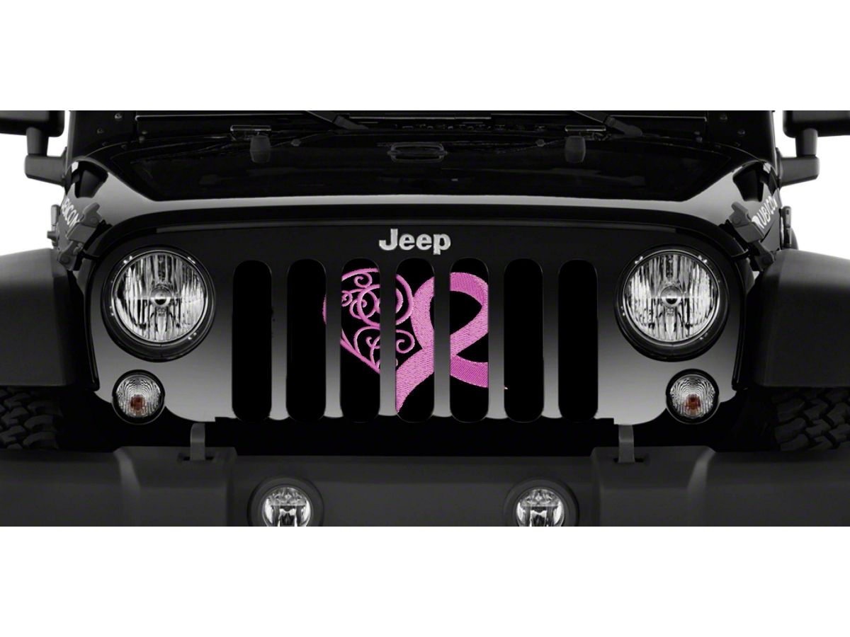 Jeep Wrangler Grille Insert; Center Pink Hearts Breast Cancer Ribbon (18-23  Jeep Wrangler JL w/o TrailCam) - Free Shipping