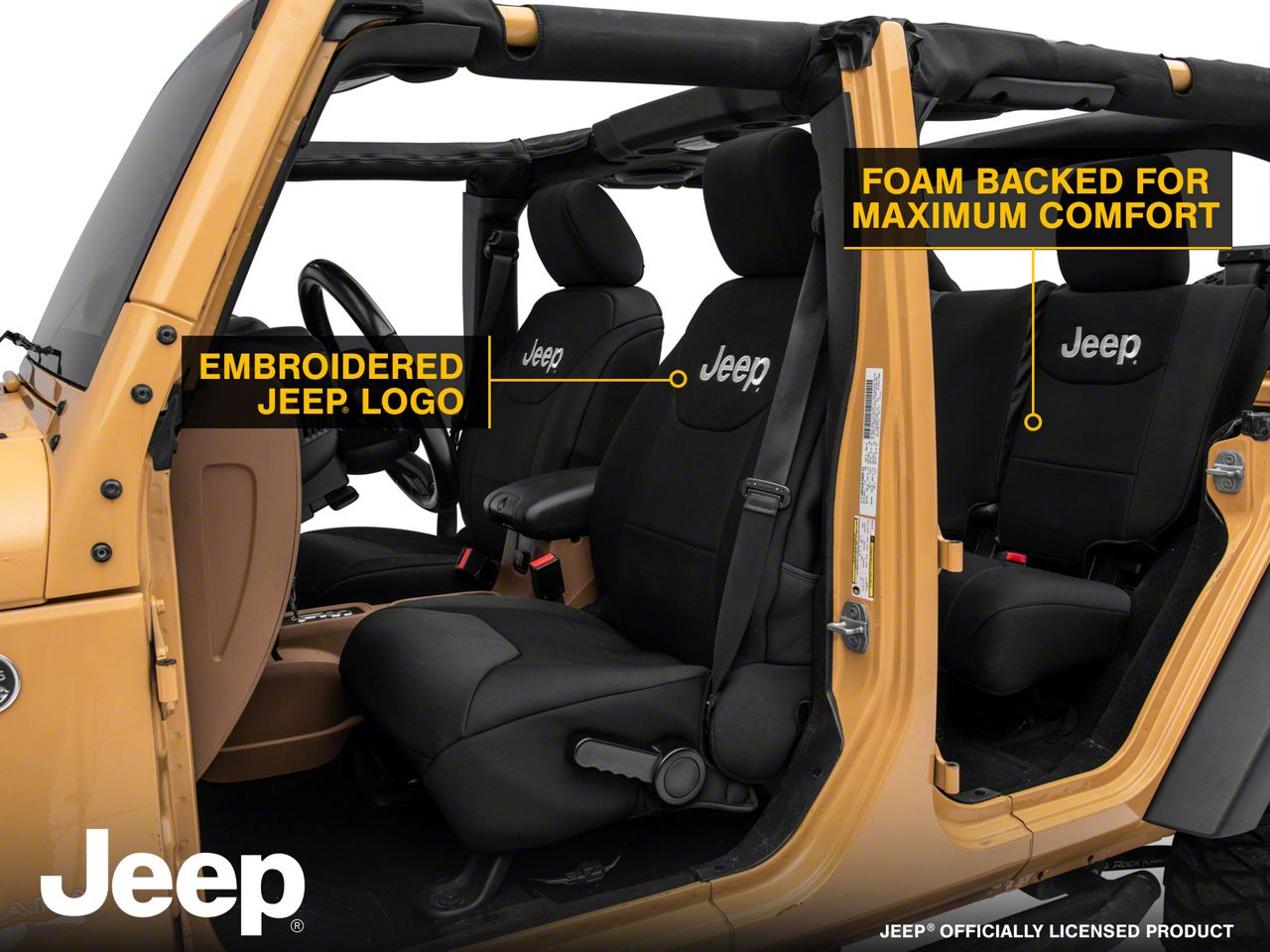 Officially Licensed Jeep Jeep Wrangler Custom Fit Front and Rear Seat Covers  with Jeep Logo; Black J157733 (13-18 Jeep Wrangler JK 4-Door) Free  Shipping