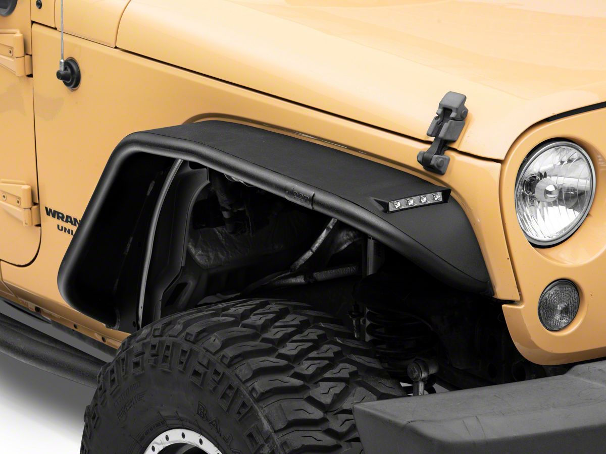 Officially Licensed Jeep Jeep Wrangler Tubular Fender Flares with LED DRL  and Jeep Logo; Front J164976 (07-18 Jeep Wrangler JK) - Free Shipping