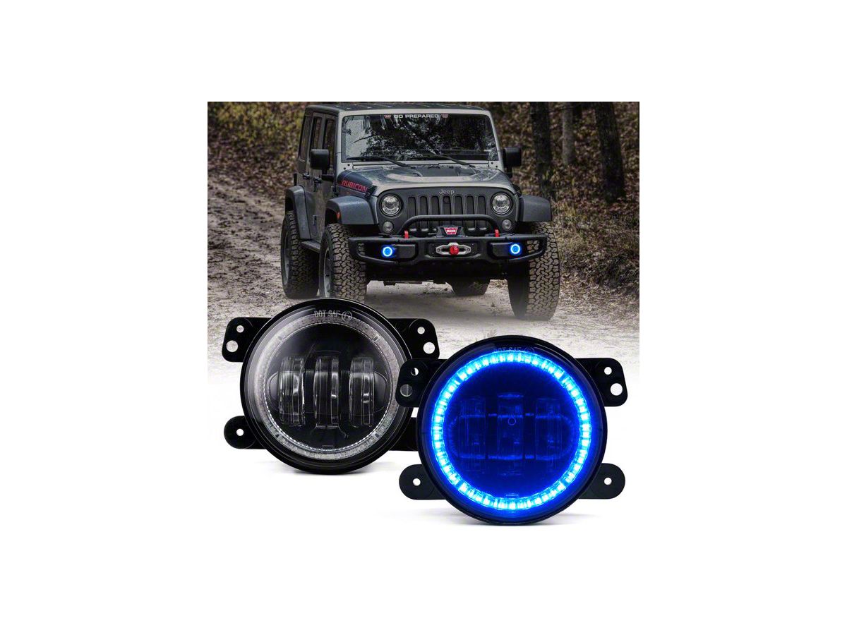 Jeep Wrangler 4-Inch Escapade Series 60W LED Fog Lights with Blue Halo Ring  DRL (07-18 Jeep Wrangler JK) - Free Shipping