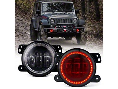 Jeep Wrangler 4-Inch Escapade Series 60W LED Fog Lights with Red Halo Ring  DRL (07-18 Jeep Wrangler JK) - Free Shipping