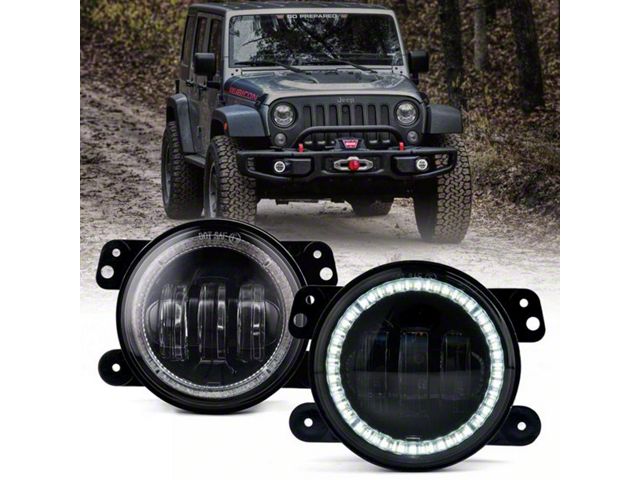 4-Inch Escapade Series 60W LED Fog Lights with White Halo Ring DRL (18-24 Jeep Wrangler JL Rubicon & Sahara w/ Factory Plastic Bumper)