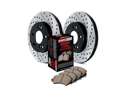 StopTech Sport Axle Slotted and Drilled Brake Rotor and Pad Kit; Front (07-18 Jeep Wrangler JK)