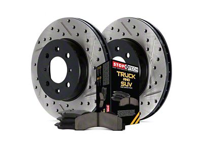 StopTech Truck Axle Slotted and Drilled Brake Rotor and Pad Kit; Front (07-18 Jeep Wrangler JK)