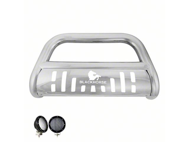 Bull Bar with Stainless Steel Skid Plate and 5.30-Inch Black Round Flood LED Lights; Stainless Steel (17-24 Titan)