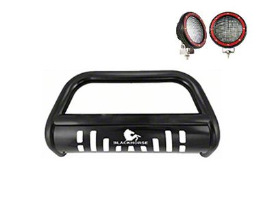 Bull Bar with Black Skid Plate and 5.30-Inch Red Round Flood LED Lights; Black (05-15 Tacoma)