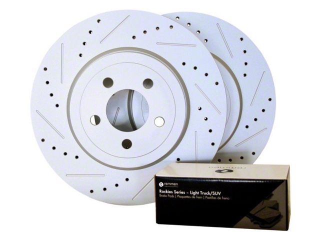 Rockies Series Cross-Drilled and Slotted Brake Rotor and Light Truck/SUV Pad Kit; Front (07-18 Jeep Wrangler JK)