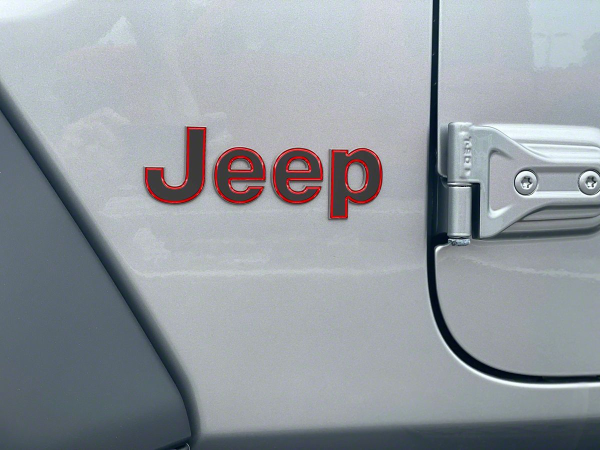 Jeep Wrangler Jeep Fender Emblem Letter Overlays; Black with Red Outline  (18-23 Jeep Wrangler JL) - Free Shipping