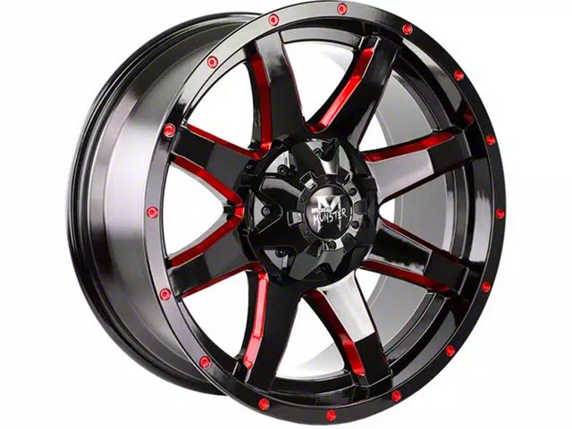 Off-Road Monster M08 Gloss Black Candy Red Milled Wheel; 20x9 (22-24 Jeep Grand Cherokee WL)