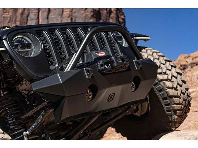 ICON Impact Off-Road Armor PRO Series Recessed Stubby Winch Front Bumper with Bar; Semi-Gloss Black (18-24 Jeep Wrangler JL)