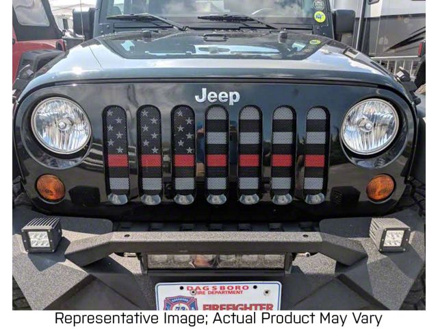 Grille Insert; Fireman Red Line on a Black and White Flag (18-24 Jeep Wrangler JL)