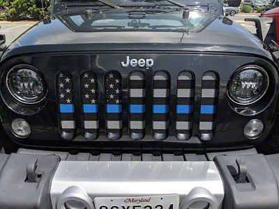 Grille Insert; Police Blue Line on a Black and Light Gray Flag (18-24 Jeep Wrangler JL)
